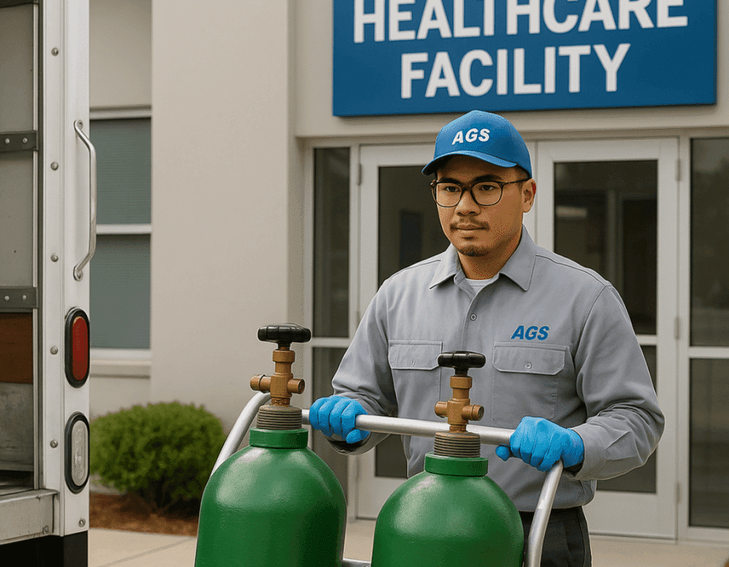 Technician in safety gear delivering purified medical oxygen cylinders to a hospital in Malaysia.