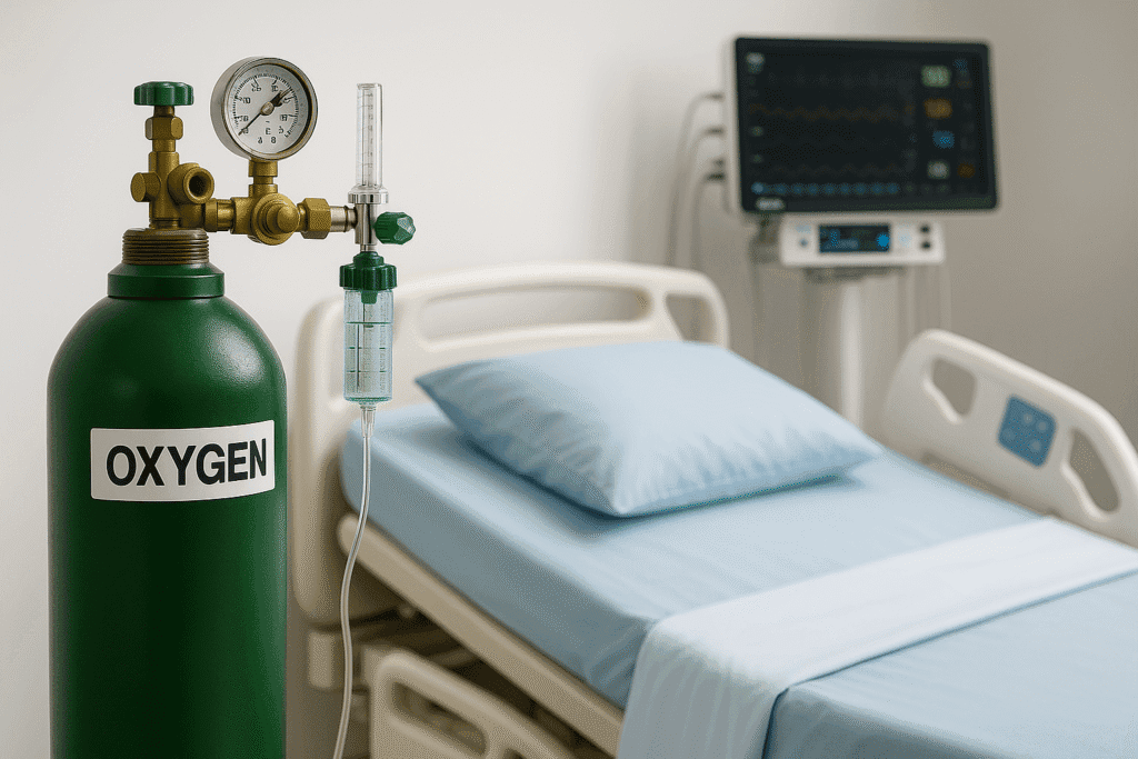 Medical oxygen cylinder connected to patient monitoring system in a hospital.