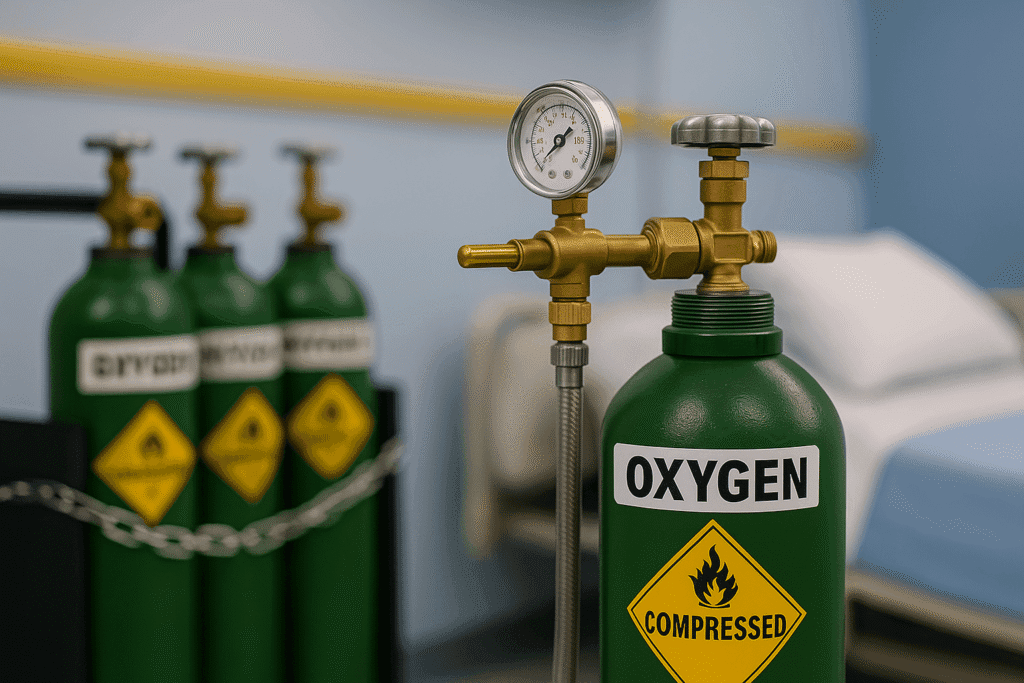 Four green medical oxygen cylinders with pressure gauges and warning labels, securely chained in a hospital room next to a patient bed, representing safe and reliable oxygen supply in Malaysia.