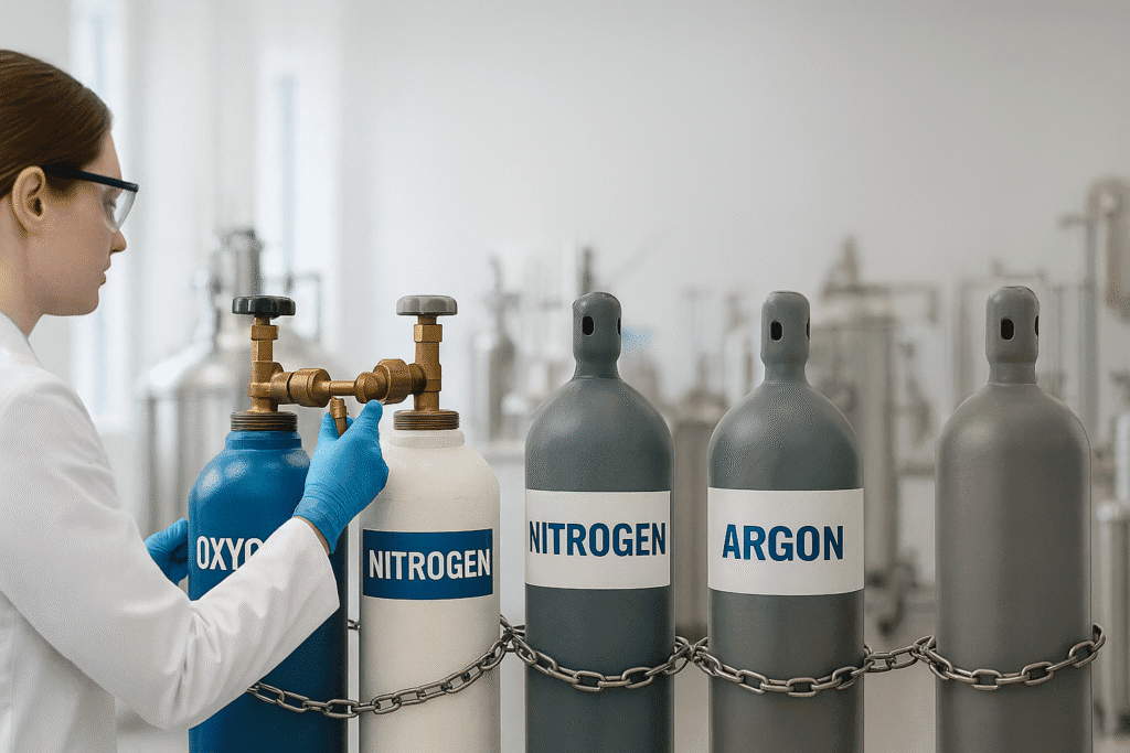 A scientist in a white lab coat adjusts an oxygen cylinder beside nitrogen and argon tanks in a modern laboratory, with banner text reading “The Future of Specialty Gases in Malaysia: Driving Healthcare, Industry, and Innovation.