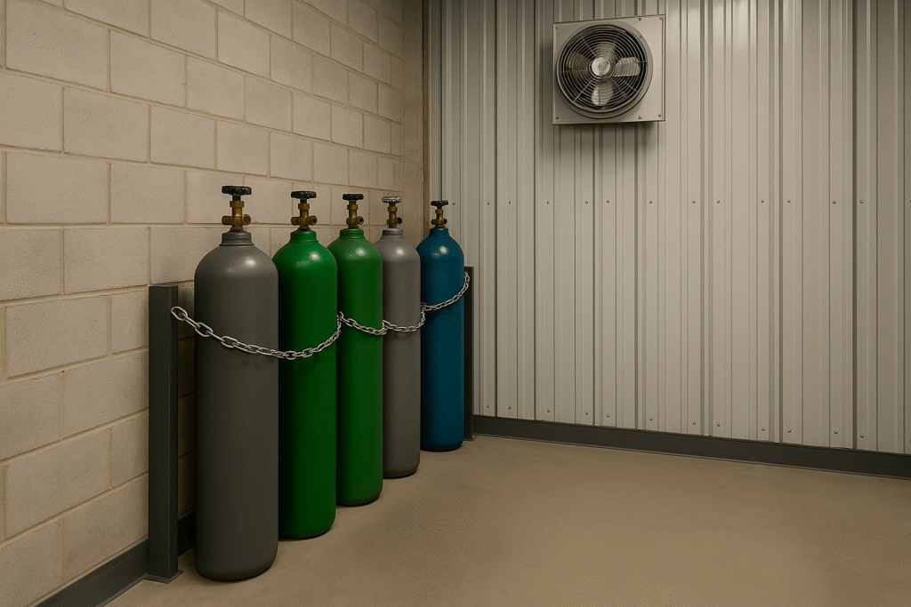 Properly stored industrial gas cylinders secured with chains in a ventilated area.