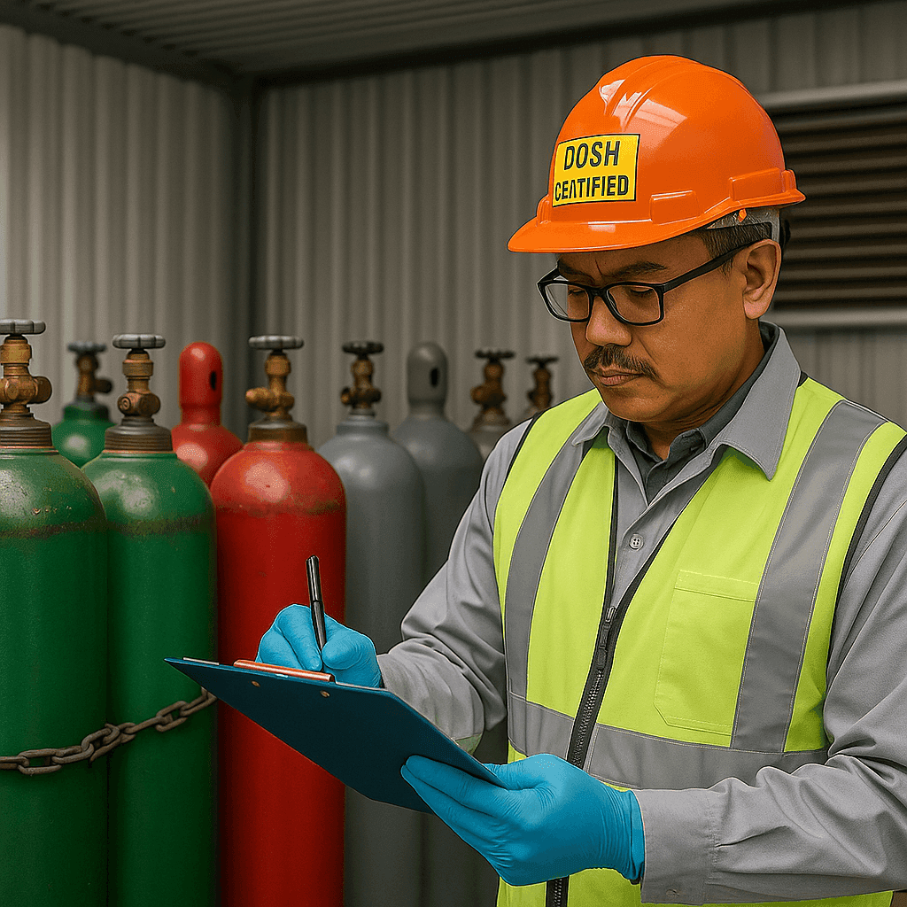 Licensed Malaysian inspector performing gas cylinder safety audit in compliance with DOSH standards.