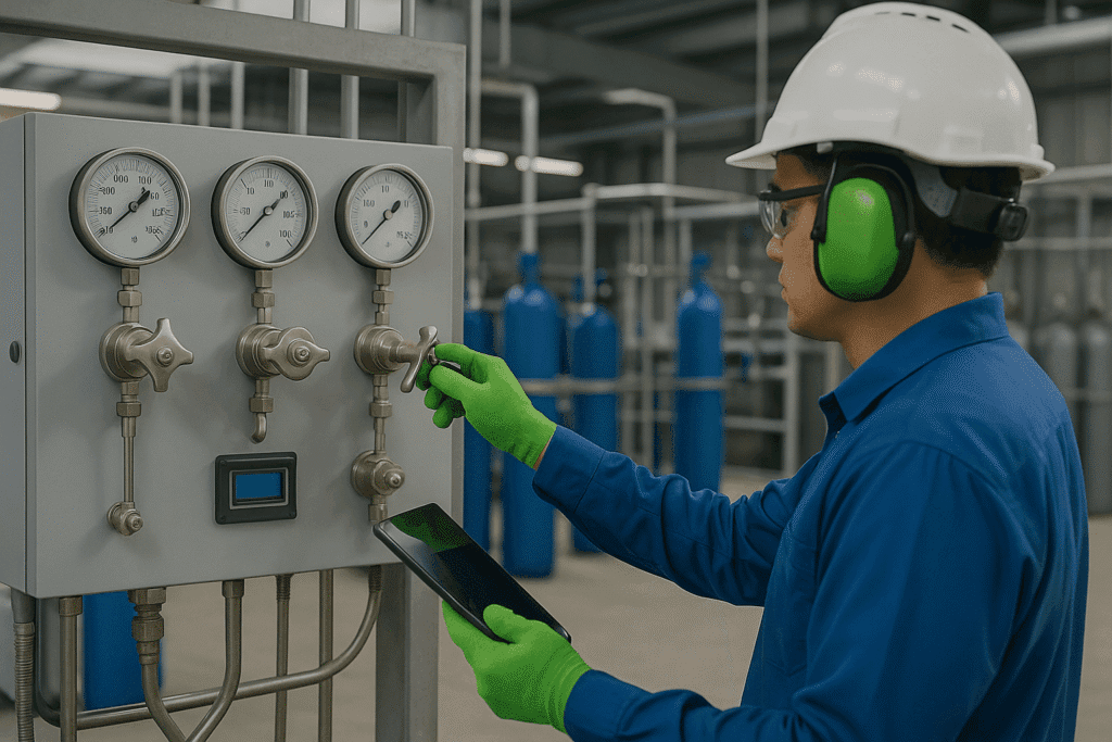 Technicians operating gas supply systems inside a Malaysian industrial facility.