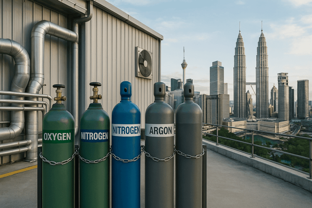 Industrial gases Malaysia cylinders for oxygen, nitrogen, and argon neatly arranged in a Malaysian warehouse.