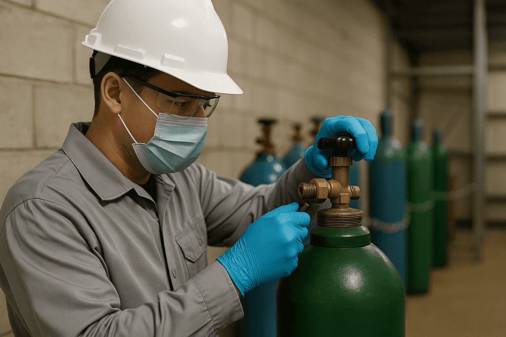 Technician checking a gas cylinder valve to ensure safety and pressure compliance.