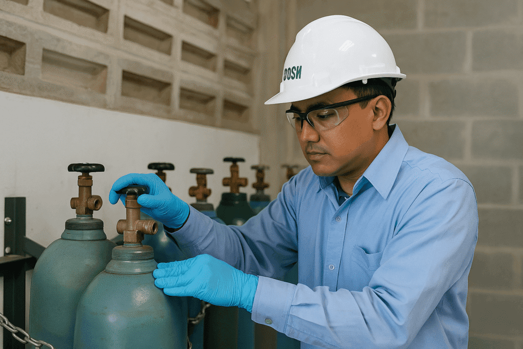 AGS technician ensuring gas cylinder safety Malaysia compliance during inspection.