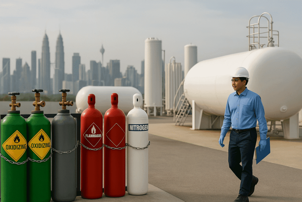 A high-resolution photo showing a modern Malaysian industrial gas facility with large storage tanks, pipelines, and workers in safety gear — representing the growth and opportunities in Malaysia’s industrial gas industry from 2025 to 2030.