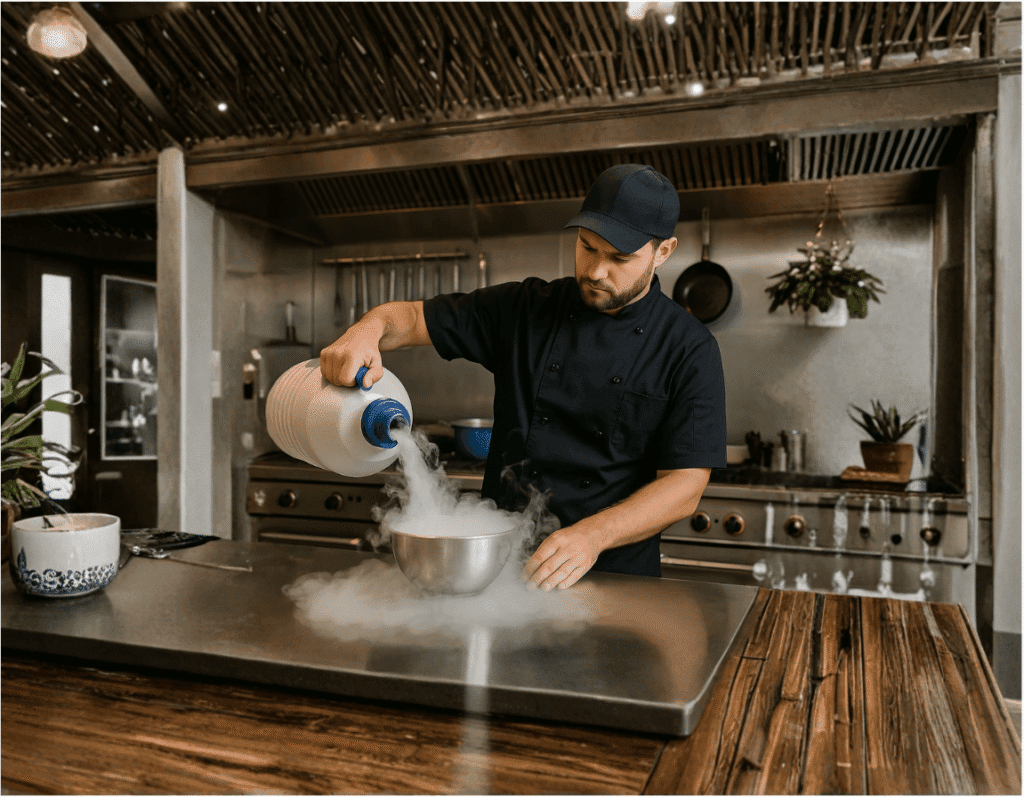 A professional chef in a modern restaurant kitchen pouring liquid nitrogen into a metal bowl, creating a smoky fog effect during molecular gastronomy food preparation.