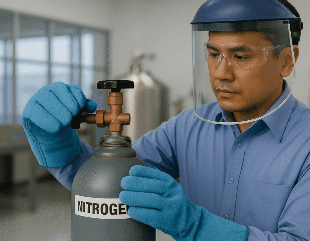 An AGS technician in safety gear delivering a small-volume liquid nitrogen tank to an urban laboratory in Malaysia, symbolizing efficient and safe nitrogen supply solutions for city-based clients.