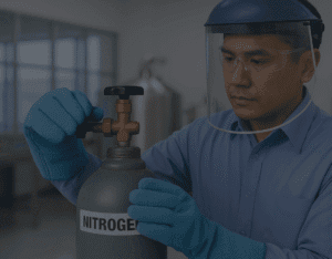 An AGS technician in safety gear delivering a small liquid nitrogen tank to an urban laboratory in Malaysia, symbolizing efficient and safe nitrogen supply solutions for city-based clients.