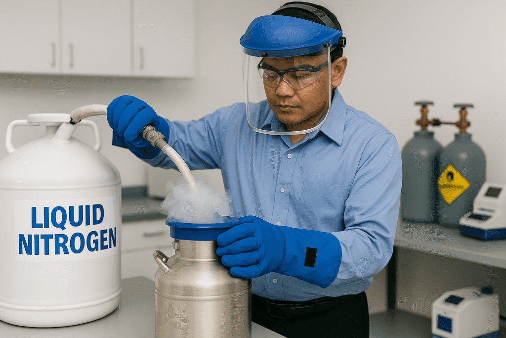 A laboratory technician wearing protective gloves and face shield refilling a small liquid nitrogen dewar inside a clean Malaysian lab, with vapor mist rising from the equipment.
