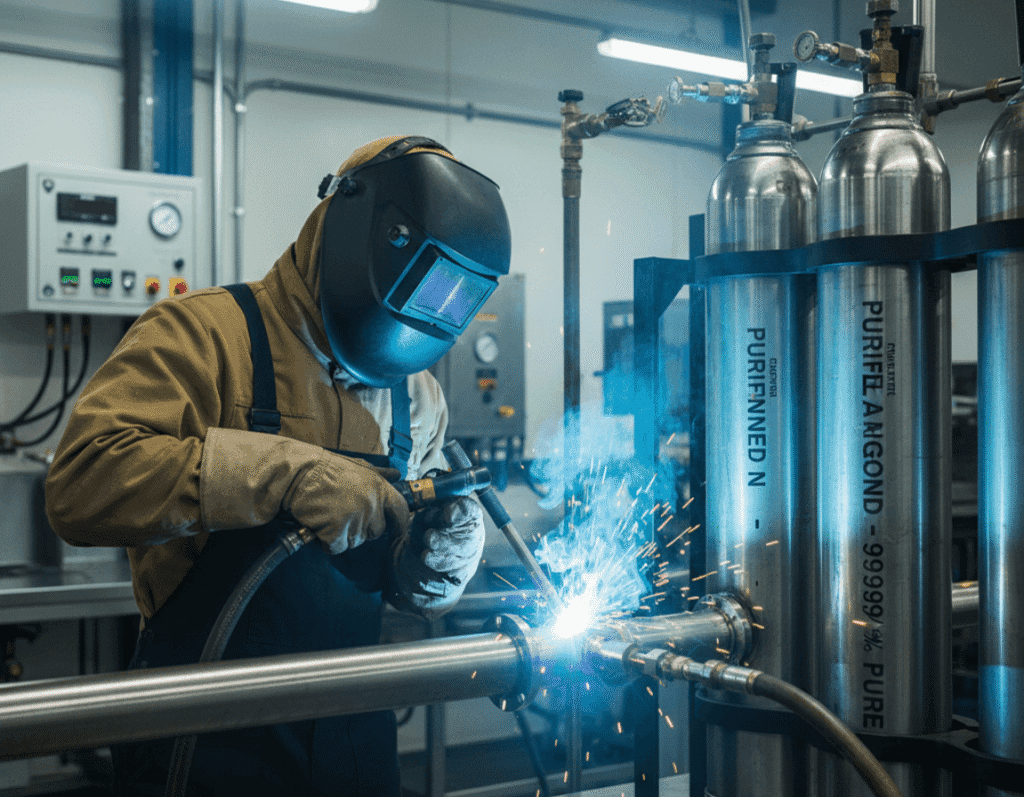 Highly-skilled technician performing TIG welding on stainless steel piping using purified 99.999% argon gas from high-purity cylinders in a controlled industrial environment.