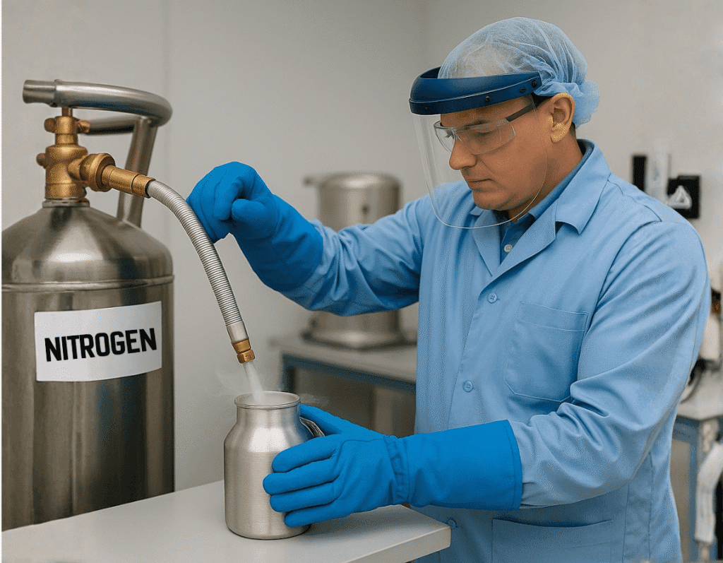 A technician wearing a transparent face shield and insulated gloves carefully inspecting a nitrogen gas valve inside a clean industrial lab in Malaysia.