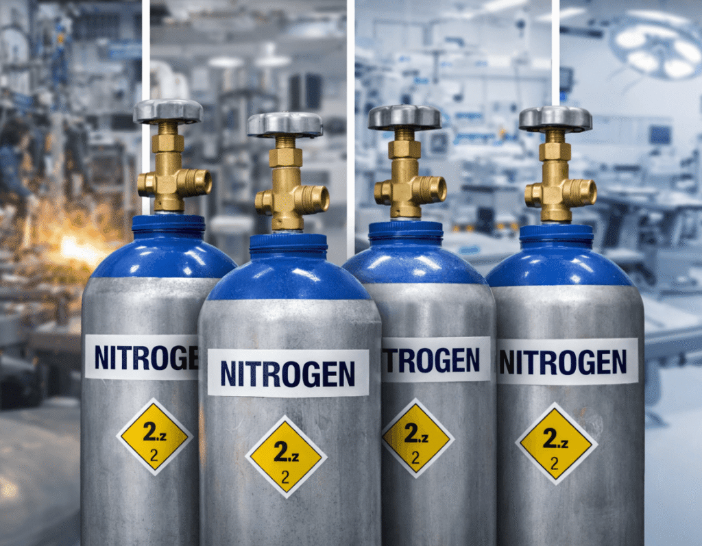 Industrial nitrogen gas cylinders for manufacturing, laboratories, and medical applications in Malaysia