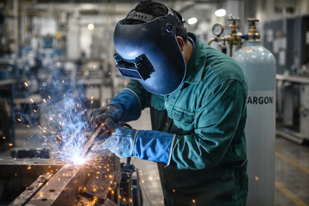 Argon gas used in welding process in industrial environment