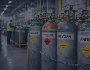 Compressed gas cylinder safety Malaysia industrial gas cylinders secured in storage rack