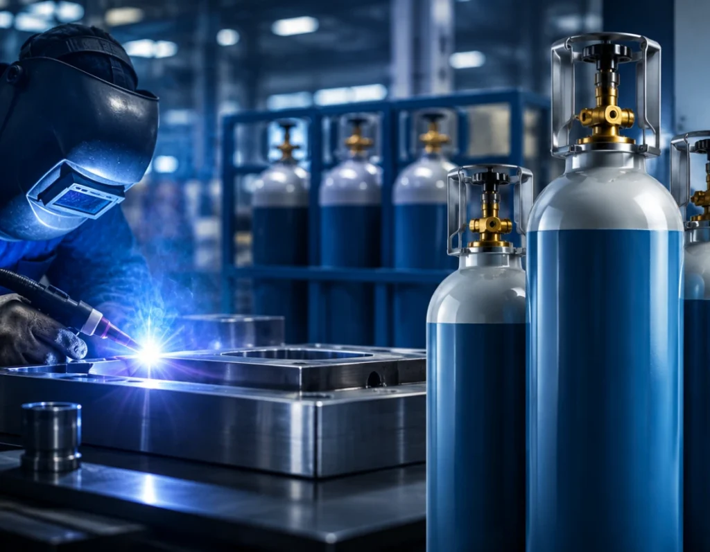 Argon gas cylinders used for TIG welding and precision CNC machining in a modern industrial manufacturing facility in Malaysia.