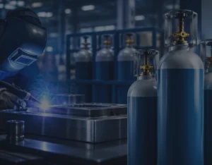 Argon gas cylinders used for TIG welding and precision CNC machining in a modern industrial manufacturing facility in Malaysia.