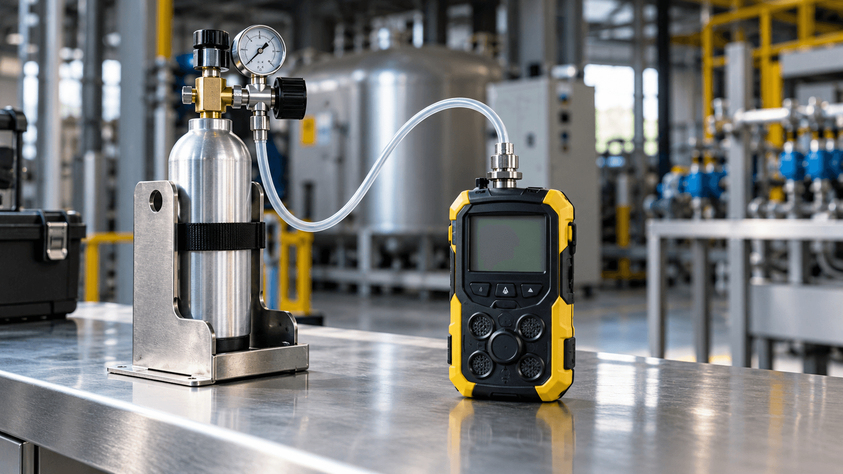 Calibration Gas Malaysia cylinder and portable gas detector in an industrial workshop